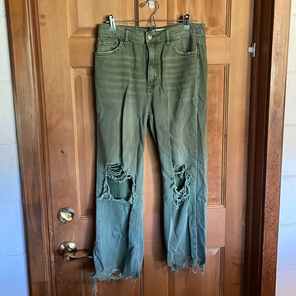 VERVET by FLYING MONKEY 90'S VINTAGE HIGH RISE CROP FLARE JEANS: ARMY GREEN 29